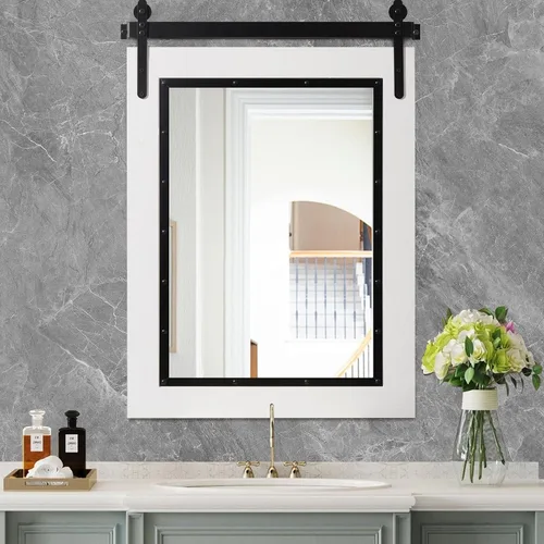 Vista 10 de Espejo de Puerta de Granero Estilo Granja, 32"x24" Espejo de Baño Rústico, Espejo de Pared con Marco de Madera, Espejo de Madera para Sala de Estar