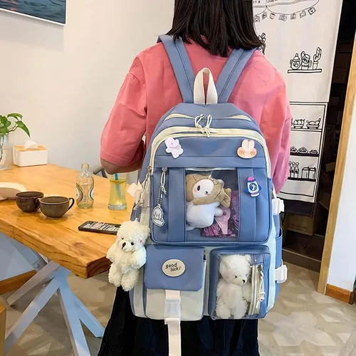 Vista 5 de Mochila Kawaii de 5 piezas, bolsa deportiva estética de 17 pulgadas con bonita mochila, bolsa de hombro, caja de lápices, bolsa de mano, bolsa