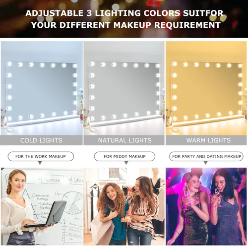 Vista 2 de Espejo de tocador de maquillaje con luces, 10 x grandes con 22 bombillas LED regulables, 3 modos de color, control táctil para dormitorio, mesa