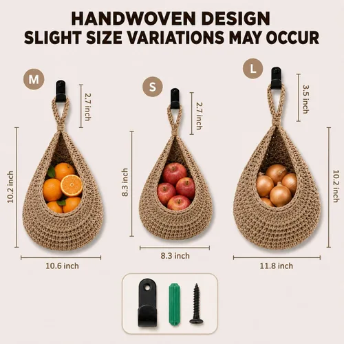 Vista 2 de Cestas de frutas colgantes para cocina, paquete de 3 cestas de Lino