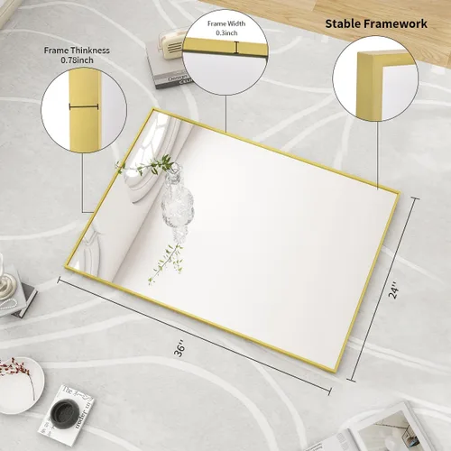 Vista 6 de BEAUTYPEAK Espejo de pared rectangular dorado de 24 x 36 pulgadas con marco de metal, se cuelga horizontal o vertical para sala de estar