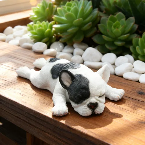 Vista 3 de Figura de bulldog francés durmiendo, estatua creativa de bulldog de resina, linda escultura de bulldog para decoración del hogar y la oficina