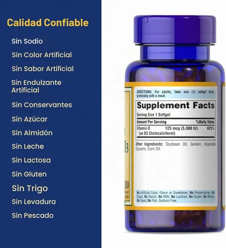 Vista 6 de Suplemento dietario Puritan's Pride con vitamina D3 5000, 200 cápsulas