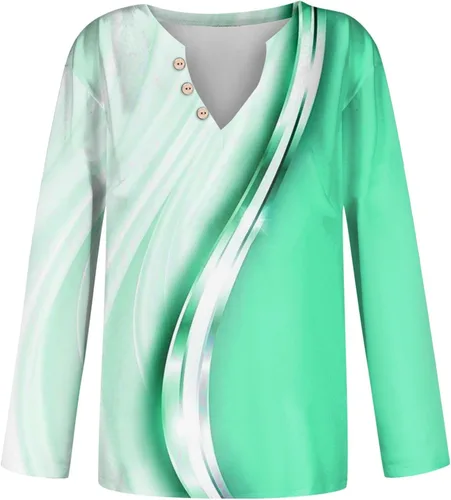 Vista 3 de Camisetas de manga larga con estampado de botones para mujer, con cuello de muesca, estilo vintage, blusas atléticas de moda