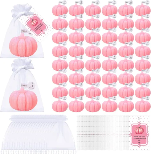 Vista 13 de Treela Juego de 24 velas de calabaza para otoño, baby shower, regalos de fiesta para invitados de calabaza, regalos de agradecimiento a granel