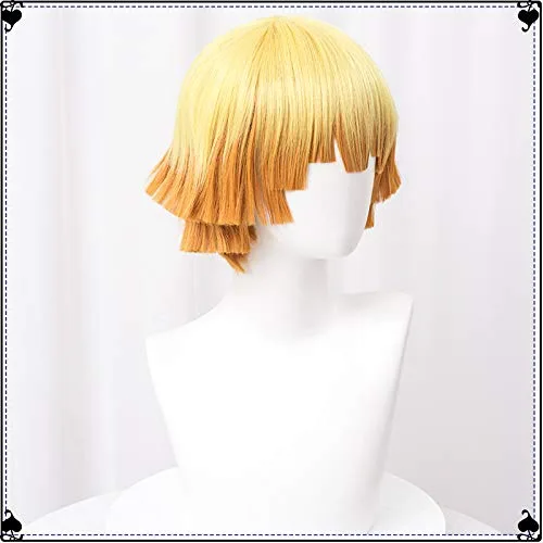 Vista 3 de Peluca SL para Agatsuma Zenitsu Cosplay para Demon Slayer corta naranja Ombre Cosplay Pelucas para niños y adultos con gorra