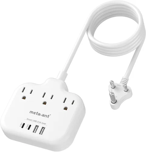Vista 19 de Adaptador de Enchufe de Sudáfrica, Adaptador Tipo M para Sudáfrica con 3 Tomas de CA y 4 Puertos USB (2 USB C) 15.5W, Cable de Extensión de 3FT