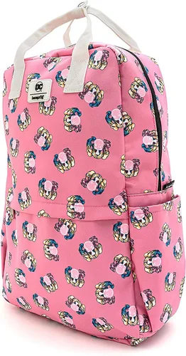 Vista 5 de Loungefly x DC Comics Harley Quinn Bubble Gum Mochila cuadrada de nailon con estampado de aleación, Rosa Multi, Computadora portátil