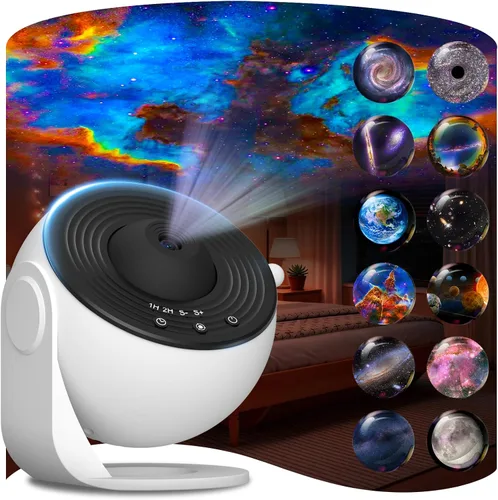Vista 9 de Proyector de galaxia para dormitorio, proyector de estrellas de imagen HD, luz de galaxia con perilla ajustable, 13 discos de película, planetario