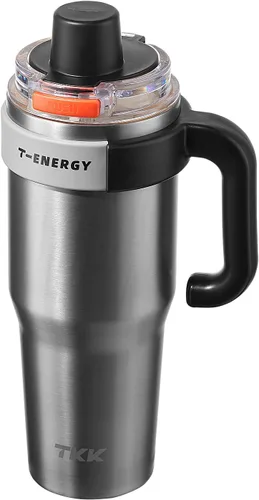 Vista 9 de TKK Vasos aislados de 40 onzas con asa y pajilla, taza de viaje de acero inoxidable con revestimiento de cerámica, taza de café helado de doble