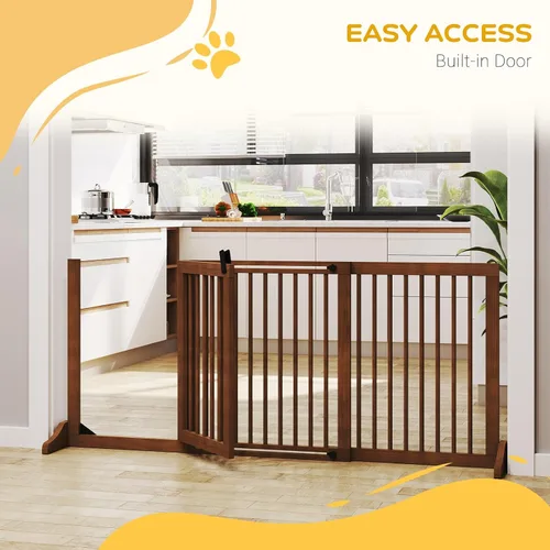 Vista 5 de PawHut Puerta ajustable de madera para mascotas, valla independiente para perro, para puerta, pasillo, 3 paneles con barrera de seguridad, puerta