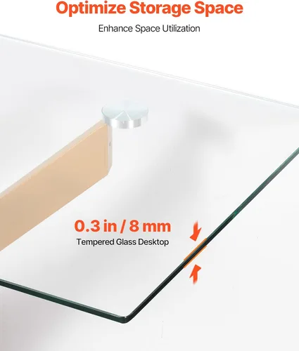 Vista 5 de VEVOR Mesa de comedor de cristal, moderna mesa de entrada rectangular con parte superior de vidrio templado y patas cruzadas de hierro, escritorio