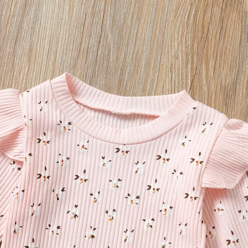 Vista 4 de Conjunto de ropa floral para niñas con volantes y pantalones con lazo, 2 piezas