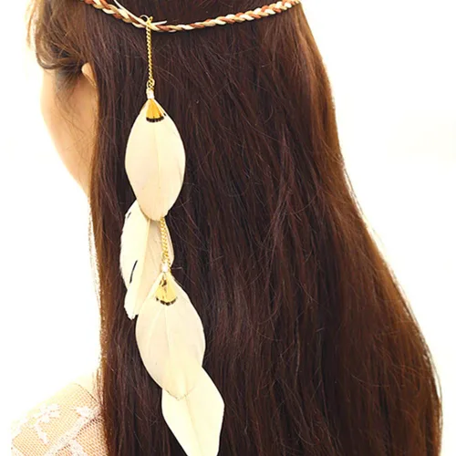 Vista 4 de Diadema de plumas hippie indio bohemio, bandas para el pelo con borlas, bohemias, para Halloween, para mujeres y niñas, corona para el pelo