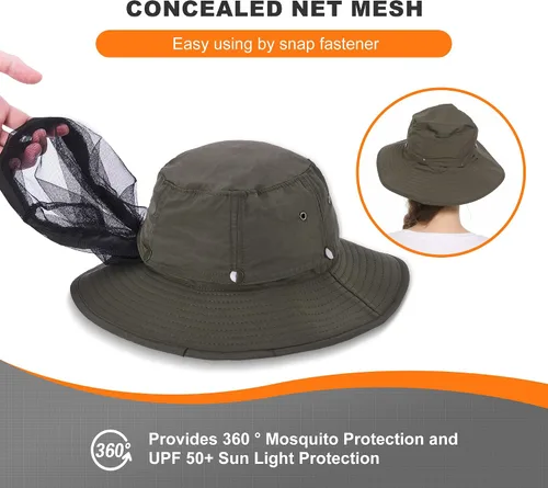 Vista 5 de Mosquito Head Net Hat - Bug Cap UPF 50+ Sun Protection with Hidden Netting for Beekeeping Hiking Women