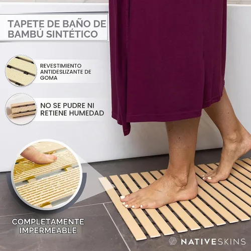 Vista 2 de NativeSkins Tapete de ducha de bambú sintético (beige), forro de seguridad antideslizante, impermeable, de secado rápido, tapete de baño de listones