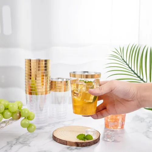 Vista 6 de I00000 100 vasos de plástico dorados, vasos de plástico transparente de 10 onzas con borde dorado, tazas de cerveza, taza dura desechable