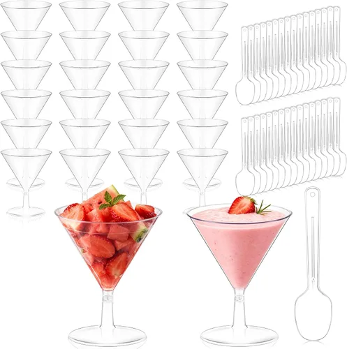 Vista 10 de Yinkin 12 Tazas y 12 Cucharas Vasos de Martini de Plástico Desechables Vasos de Cóctel Mini Tazas de Plástico para Martini Postre PVC Shot