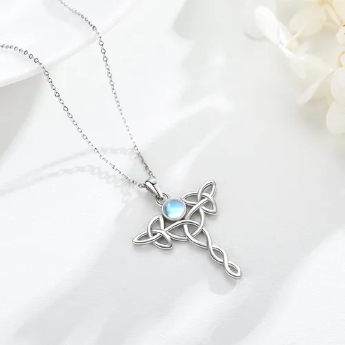 Vista 2 de Celtic Knot Necklace 925 Sterling Silver Pentagram Necklace Moon Pentacle Pendant Cross Triple Moon Goddess Amulet Moonstone Jewelry Gifts for Women