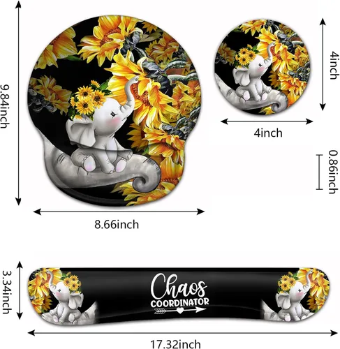 Vista 2 de Alfombrilla de mouse con soporte para muñeca, almohadilla ergonómica de gel para bebé, elefantes con girasol, juegos de escritura fáciles