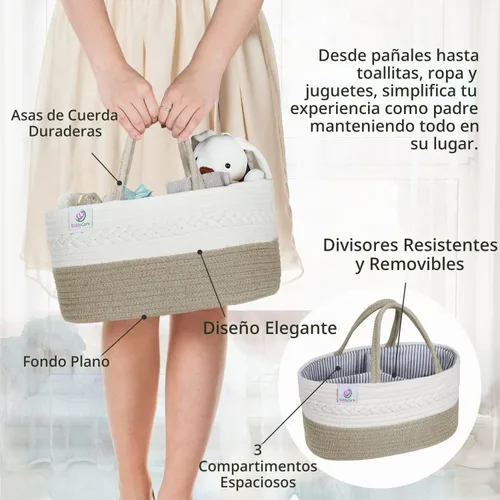 Vista 4 de KiddyCare Organizador de pañales tejido, canasta portátil multifuncional grande de color gris con asa, regalo de bebé para niños y niñas, Natural