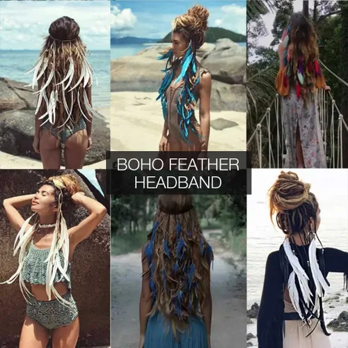 Vista 7 de GORTIN Diadema de plumas bohemias, tocado hippie, disfraz indio gitano, accesorio bohemio para el cabello para mujer (A-azul + rojo)