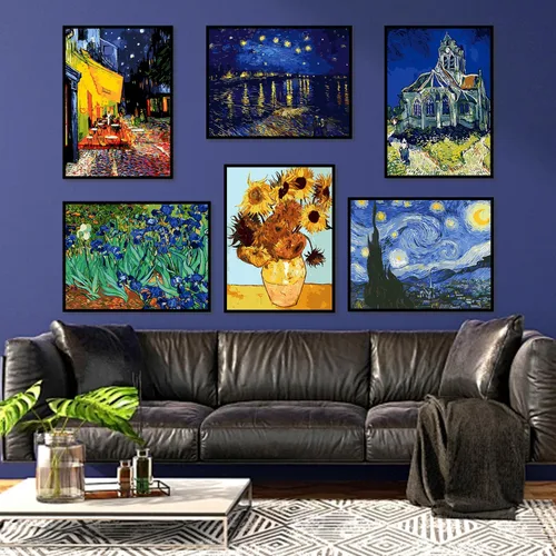 Vista 2 de VeGuude Pintura por números para adultos y niños principiantes, paquete de 6 kits de pintura por números de «La noche estrellada» de Van Gogh