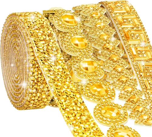 Vista 7 de Juexica Cintas autoadhesivas de diamantes de imitación de 4 yardas, 4 estilos de rollo de diamantes de imitación, cinta brillante con purpurina