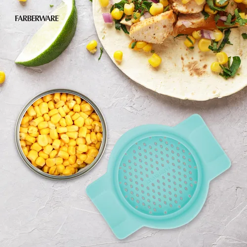 Vista 6 de Farberware Colador y colador de latas clásico, Aqua Sky, colador de tapa a presión para atún, verduras enlatadas, pasta, frutas, se adapta a latas
