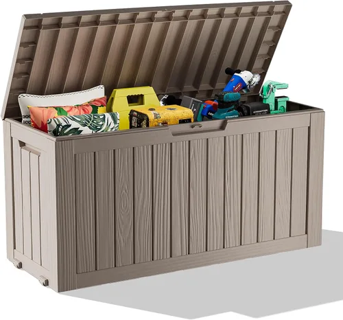 Vista 18 de Caja de resina de 30 galones para terraza, caja de almacenamiento para patio al aire libre con cierre para muebles, herramientas de jardín