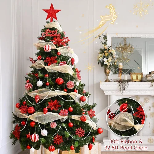 Vista 4 de Ktinnead Juego de 94 piezas de decoración para árbol de Navidad, adornos rojos inastillables para colgar en el árbol de Navidad con flores de pascua