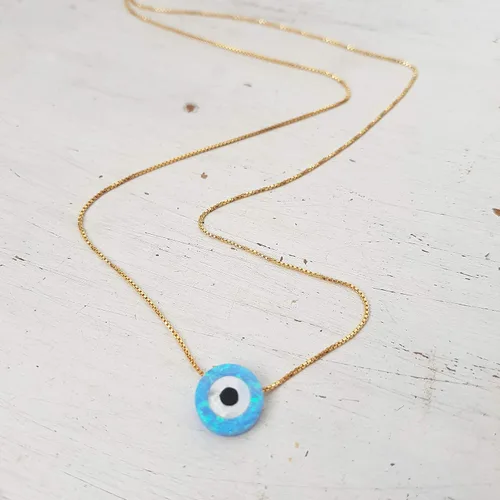 Vista 2 de Blue Opal Evil Eye Necklace,10mm created Opal,14k gold filled chain length 16 inch+ extension