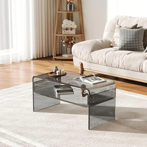 Vista 2 de Mesa auxiliar acrílica, mesa auxiliar moderna rectangular negra, mesa de té con almacenamiento abierto, adecuada para sala de estar, recepción