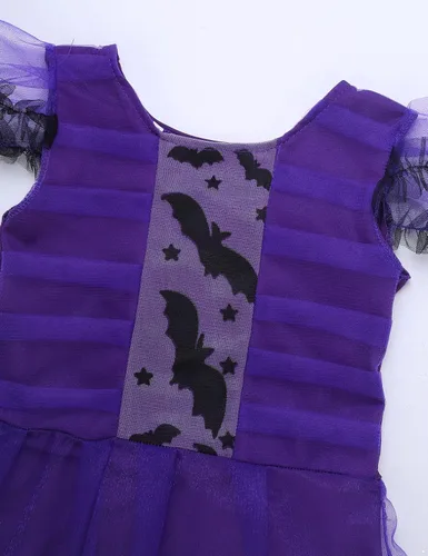 Vista 5 de RUNQHUI Disfraz de murciélago vampiro para Halloween y niñas, vestido de princesa con diadema de ala
