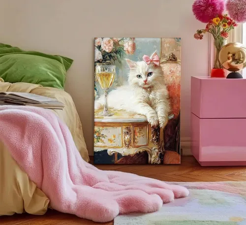Vista 7 de Elegante lienzo vintage para pared, diseño de gato blanco caprichoso, divertido y retro, cuadro de carrito de bar, pintura ecléctica de animales