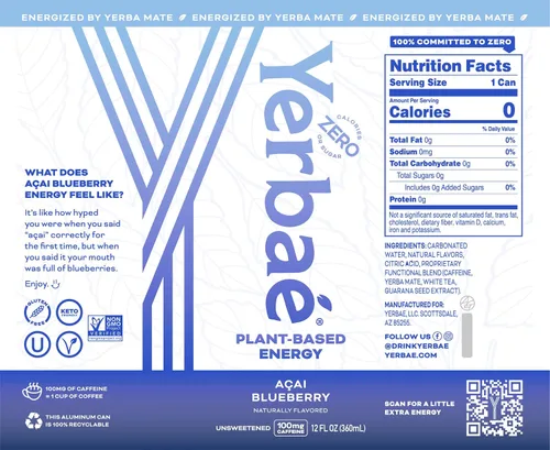 Vista 3 de Yerbae - Agua espumosa mejorada (12 unidades) Energy Yerba Mate 340 ml, lata