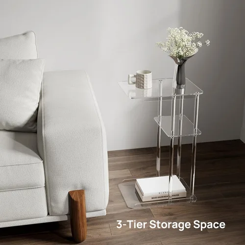 Vista 5 de HMYHUM Mesa auxiliar de acrílico transparente, mesa auxiliar en forma de C para sofá, pequeñas mesas de aperitivos para sala de estar, dormitorio