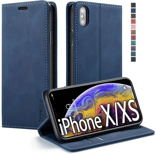 Vista 34 de japezop Funda tipo cartera compatible con iPhone Xs/iPhone X con tarjetero y bloqueo RFID, funda de cuero suave con soporte magnético y funda Negro