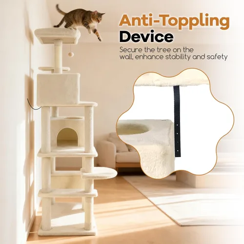 Vista 7 de DORTALA Árbol moderno para gatos de 75 pulgadas de alto, torre para gatos de varios niveles con condominios grandes, postes rascadores de sisal