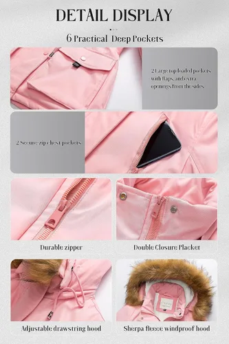 Vista 7 de Chrisuno Parka de invierno para mujer, forro polar suave, con cordón y capucha de piel sintética