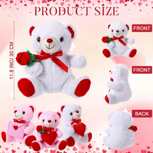 Vista 3 de JellyArch 4 piezas de 11.8 pulgadas de oso de San Valentín, bonitos regalos de oso de peluche para novia sosteniendo rosa y corazón, felpa suave