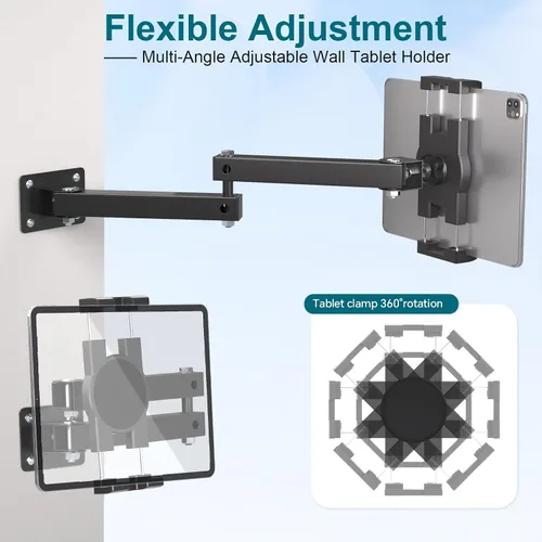 Vista 3 de Mippko Soporte plegable de pared para iPad, soporte para tableta, soporte ajustable de 360°, brazo articulado de aleación de aluminio extensible