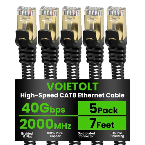 Vista 22 de Cable Ethernet Cat 8 de 2 pies plano, cable de Internet trenzado de alta velocidad de 40 Gbps 2000 MHz con RJ45 chapado en oro, cable LAN de red