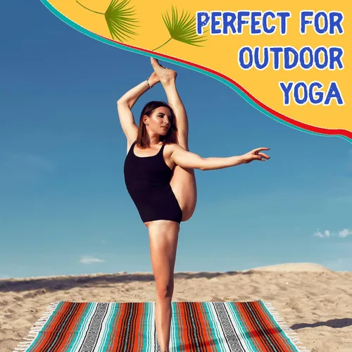 Vista 4 de 6 mantas mexicanas a granel de yoga auténtico, manta mexicana de sarape mexicano, manta grande de falsa a rayas coloridas con flecos para acampar al