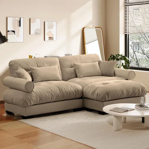 Vista 37 de Reposapiés Otomano Tapizado de Terciopelo con Cojín para Sofá Seccional Sofá 300 libras para Sala de Estar (Beige)