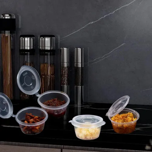 Vista 5 de OULIGET Vasos de Soufflé de Plástico, Vasos Desechables Transparentes para Salsa a Prueba de Fugas con Tapa Articulada, Utilizados para Varias