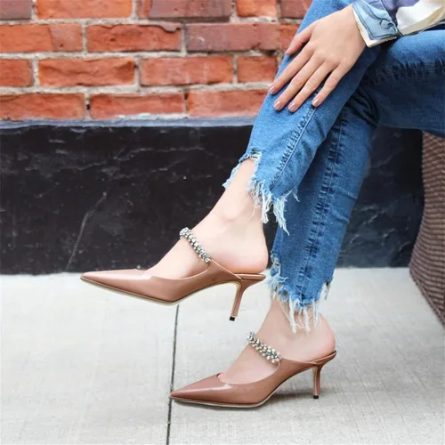 Vista 3 de MIRAAZZURRA Sandalias de tacón para mujer, sandalias de tacón alto con tiras de diamantes de imitación, sandalias de novia para mujer