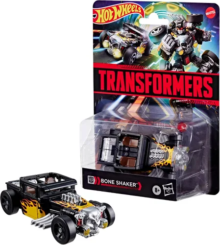 Vista 2 de Transformers Colaborative Hot Wheels x Bone Shaker, figura de acción de robot de clase de lujo de 5 pulgadas que se convierte en automóvil, juguetes