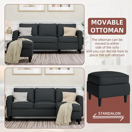 Vista 4 de Nuturelly Sofá modular convertible con otomana móvil, sofá moderno en forma de L de 3 plazas para espacios pequeños, sofá de tela suave para sala