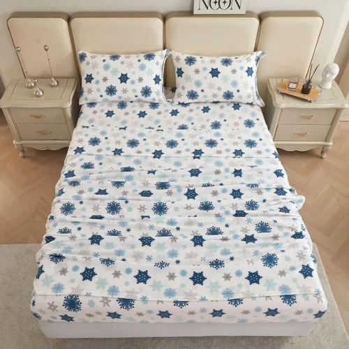 Vista 7 de Viviland Juego de sábanas de micro polar para cama tamaño King, sábanas ajustadas tipo franela para Navidad con bolsillo de 15" de profundidad, Copo